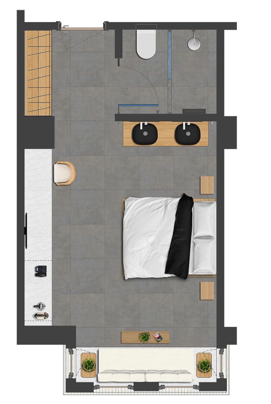 A top-down view of a hotel room with a bed, a small seating area, a bathroom, and a kitchenette.