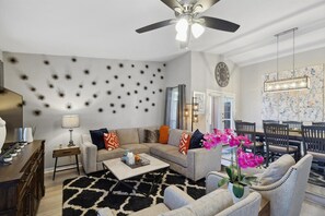 TV, fireplace, offices - Garlands Hidden Gem, 4 Bedrooms, Hot Tub, Patio (Garland)