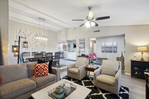 TV, fireplace, offices - Garlands Hidden Gem, 4 Bedrooms, Hot Tub, Patio (Garland)