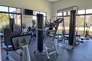 Et fitnesscenter med diverse træningsmaskiner, store vinduer og udsigt til palmer.