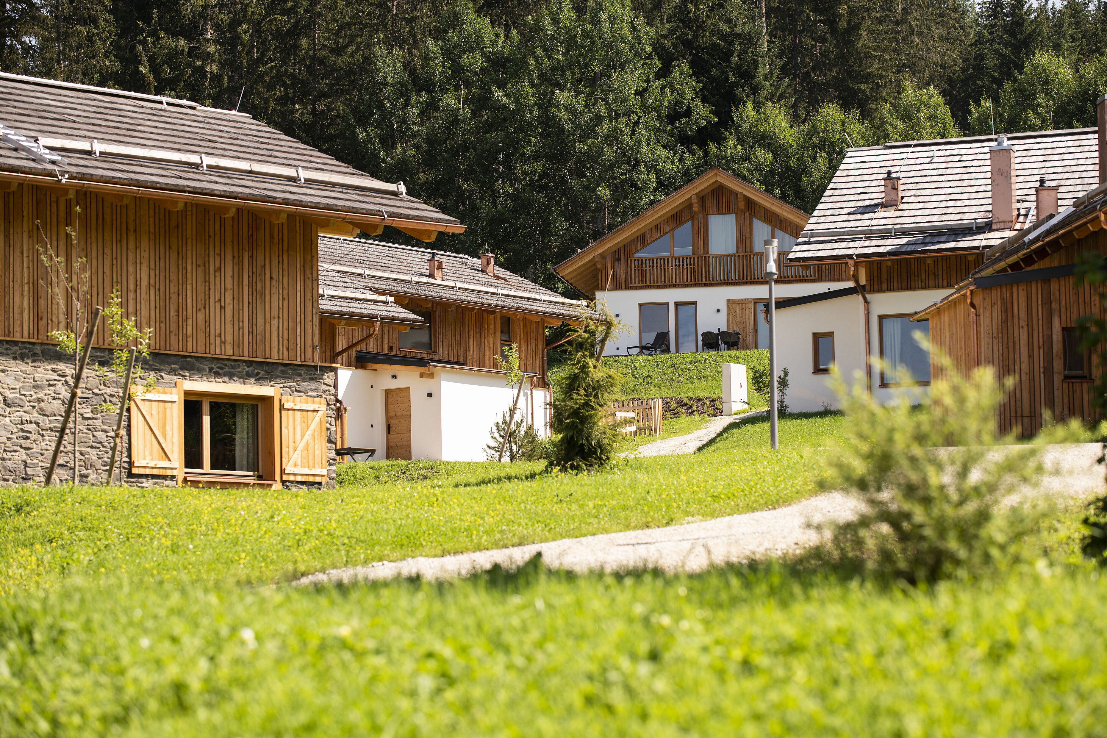 A row of wooden cabins with stone foundations, set in a lush green landscape with a forest in the background.