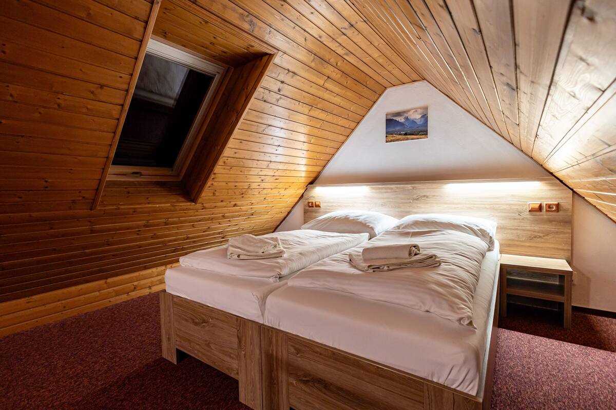 A bedroom with a wooden sloped ceiling, a single bed with white linens, a small bedside table, and a window with a view of the mountains.