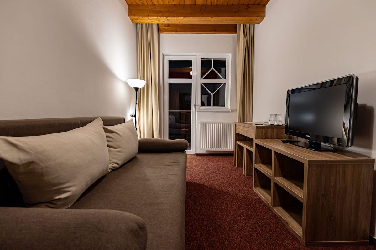 A living room with a brown sofa, a wooden TV stand, and a red carpet.