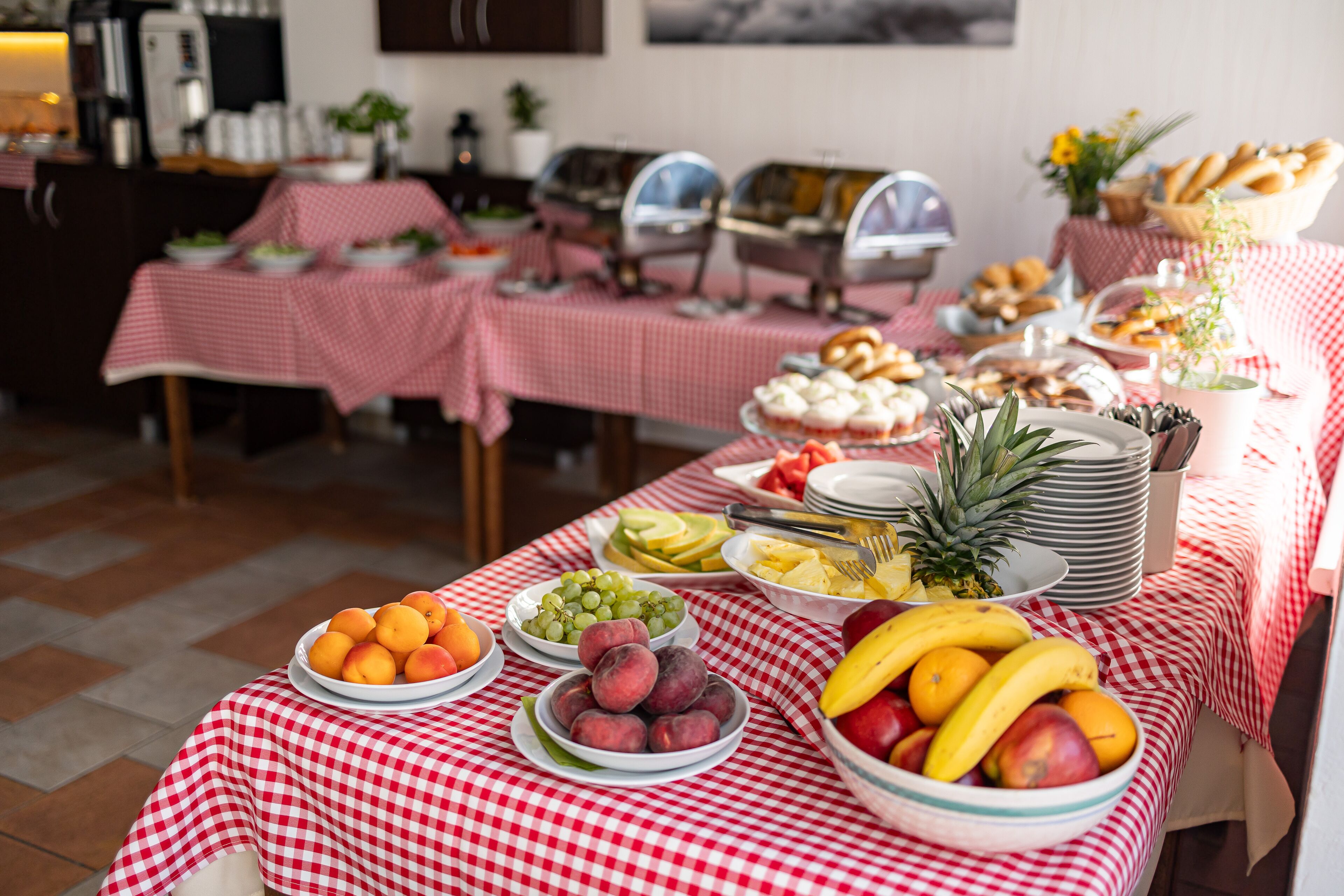 Ein Buffet mit verschiedenen Früchten und Backwaren, bedeckt mit einer rot-weiß karierten Tischdecke.