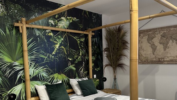 Ein Zimmer mit einem Bett, das mit einer gestreiften Bettdecke ausgestattet ist, einer großen Weltkarte an der Wand und einem tropischen Wandbild.