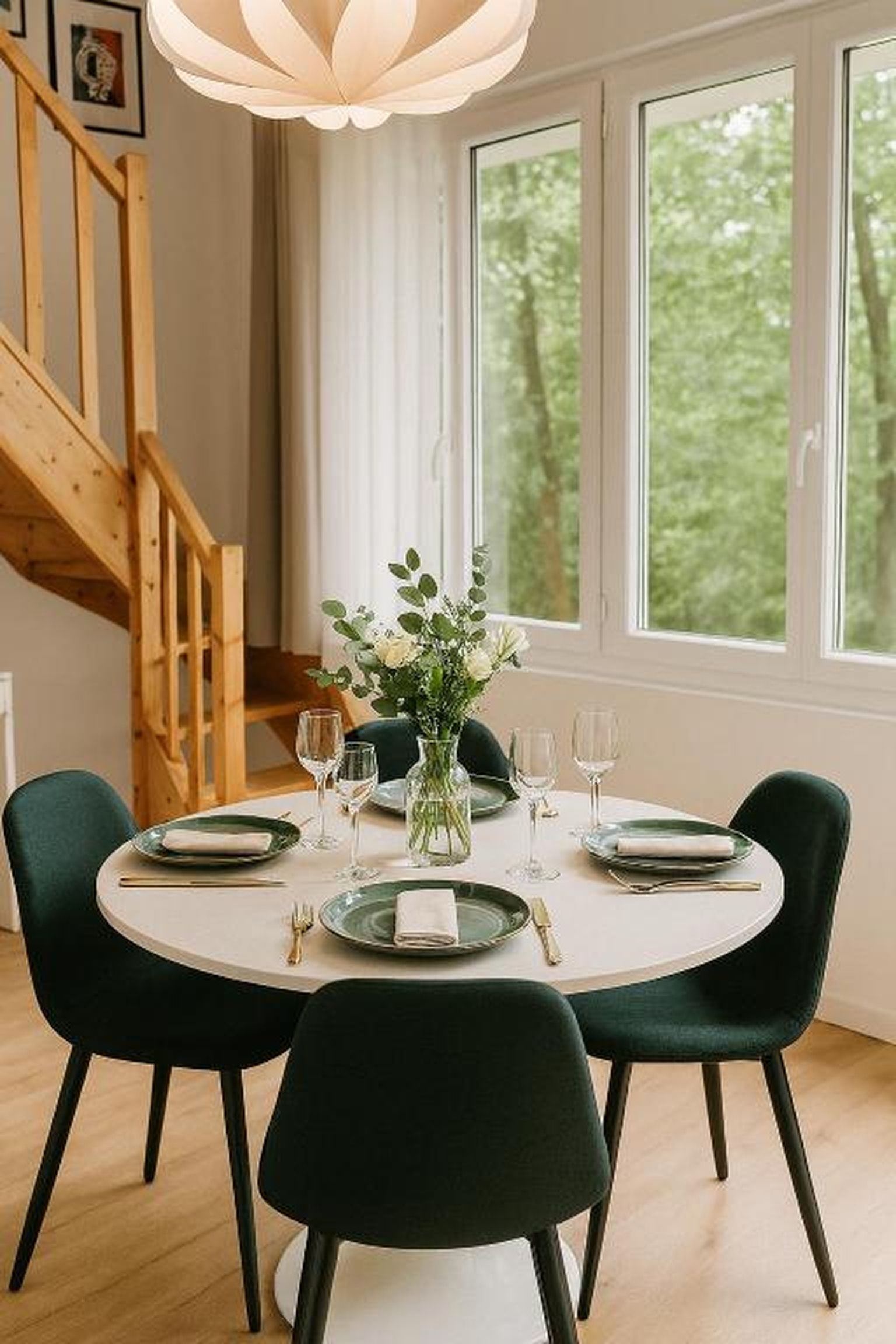 Un comedor con una mesa redonda dispuesta para cuatro personas, rodeada de sillas color verde oscuro, un florero con plantas y una escalera al fondo.