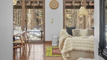 TV, fireplace, books, stereo