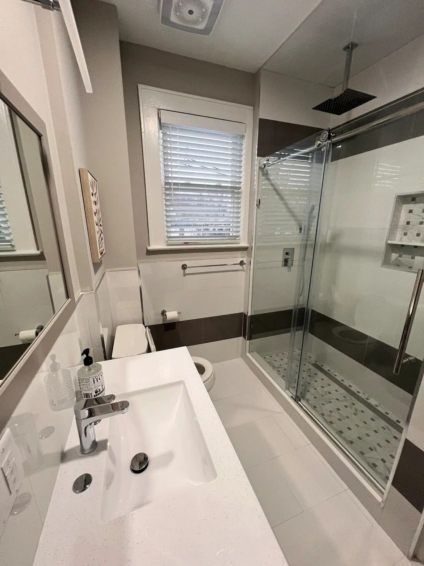 Une salle de bain moderne avec une douche à parois de verre, un grand lavabo et des toilettes.