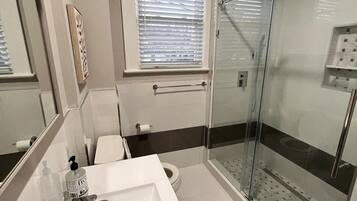 Hair dryer, towels, soap, toilet paper