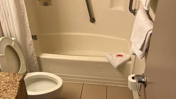 Hair dryer, towels, soap, shampoo