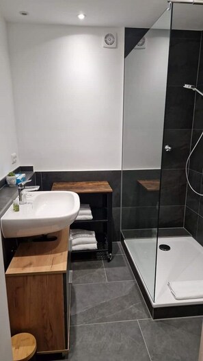 Chuveiro, secador de cabelo, toalhas de banho, sabonete