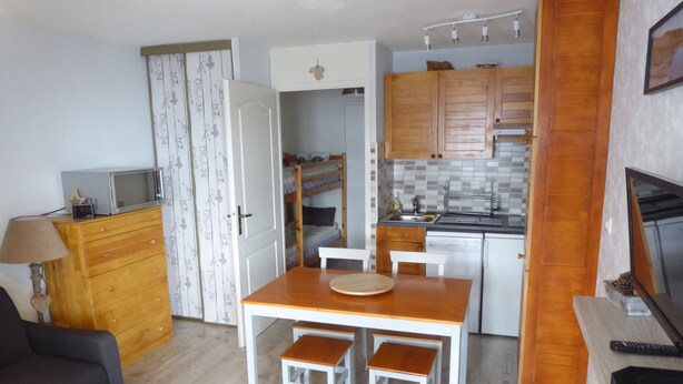 A compact living space with a kitchenette, a dining area with a table and chairs, a sofa, and a TV.