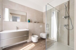 Shower, hair dryer, towels
