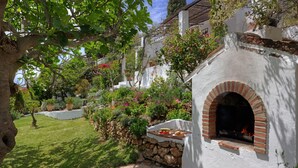 Una cucina esterna rustica con un forno a mattoni, immersa in un rigoglioso giardino e circondata da pareti bianche.