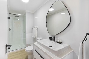 Shower, hair dryer, towels
