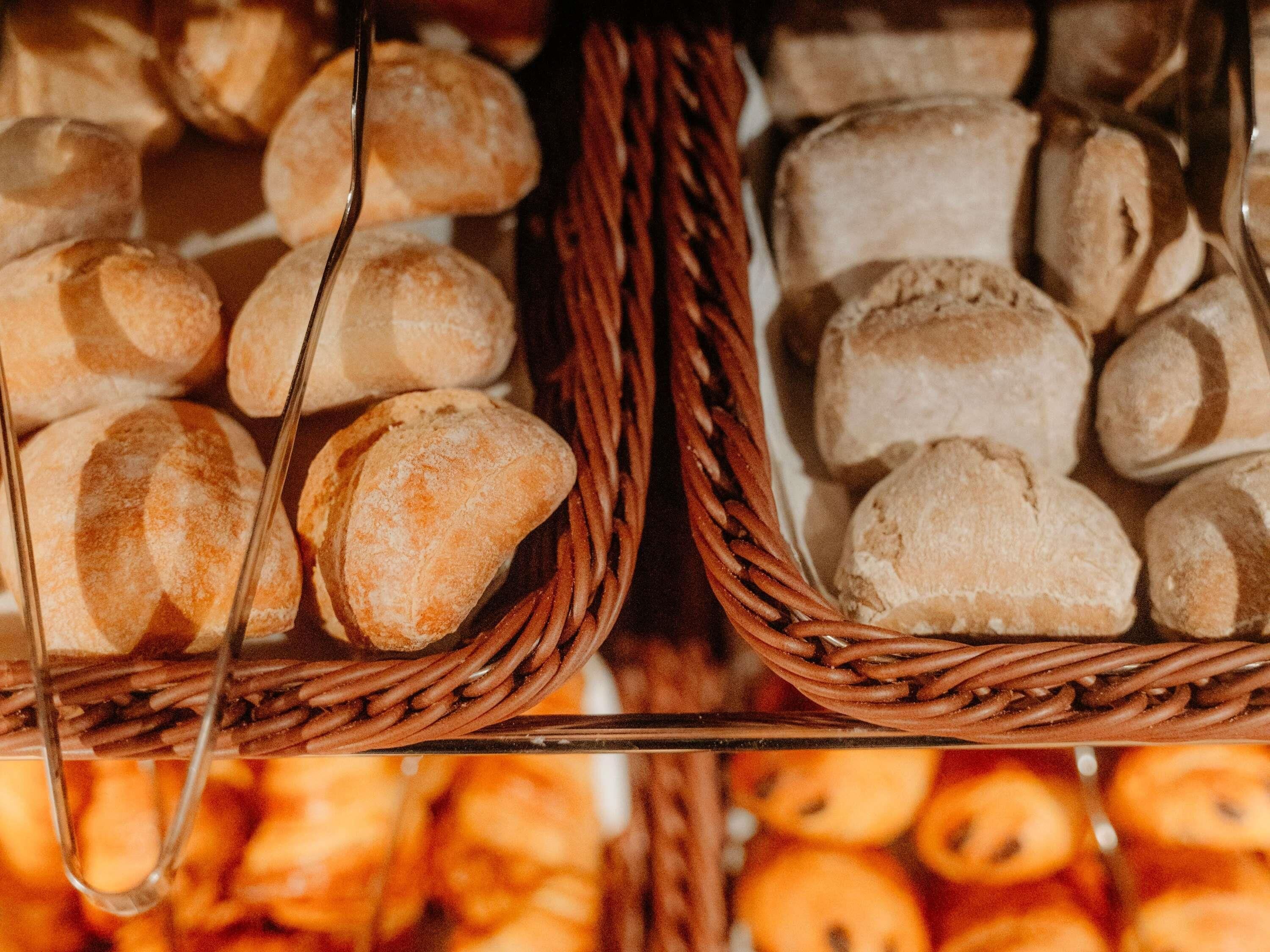 Baskets of bread and pastries.