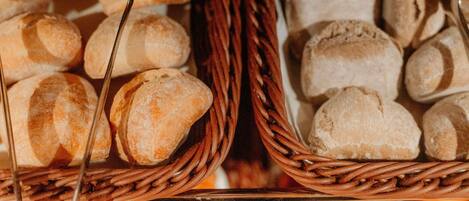 Baskets of bread and pastries.