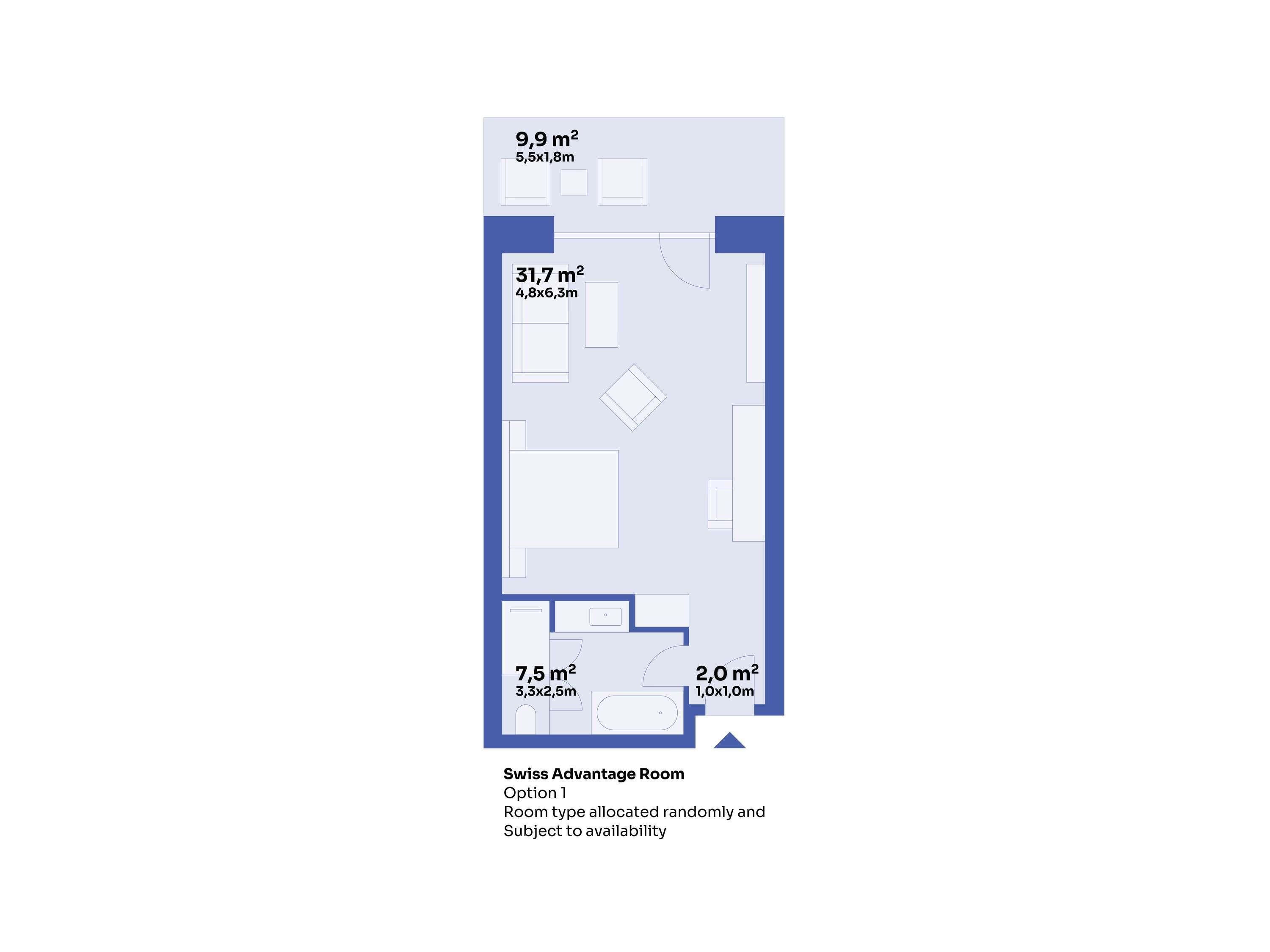 Plano de planta de una habitación de hotel con áreas que miden 9,9 m², 31,7 m², 7,5 m² y 2,0 m².