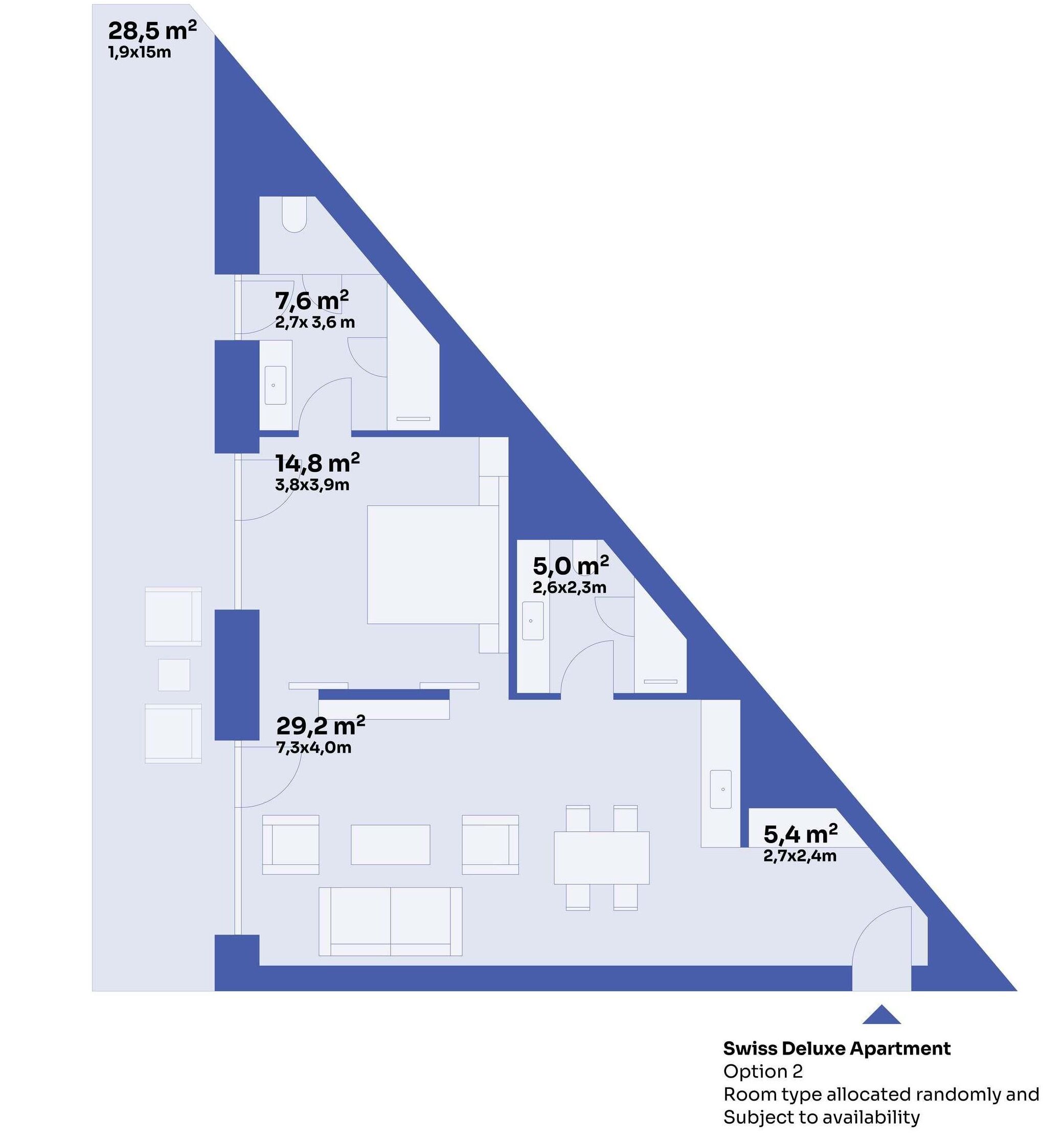 A Swiss Deluxe Apartment layout with various room sizes and dimensions.
