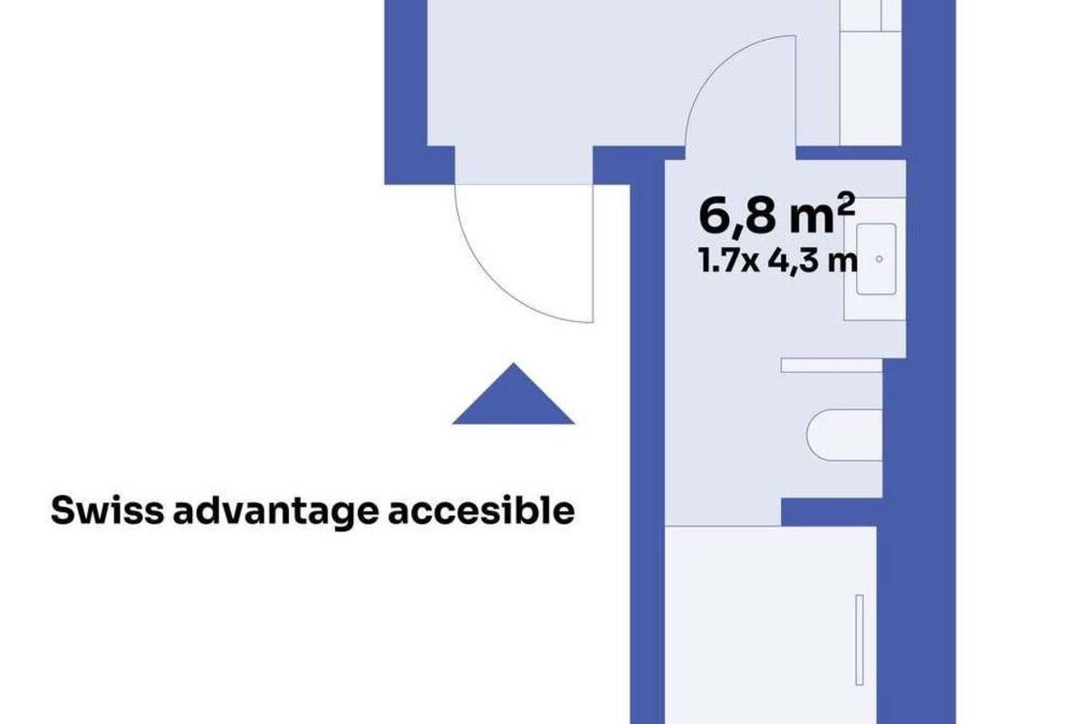 Grundriss mit drei Räumen: ein 7,4 m² großes Zimmer mit den Maßen 1,8 x 4,1 m, ein 13,2 m² großes Zimmer mit den Maßen 3,9 x 3,4 m und ein 6,8 m² großes Badezimmer mit den Maßen 1,7 x 4,3 m. Der Schweizer Vorteil ist barrierefrei.