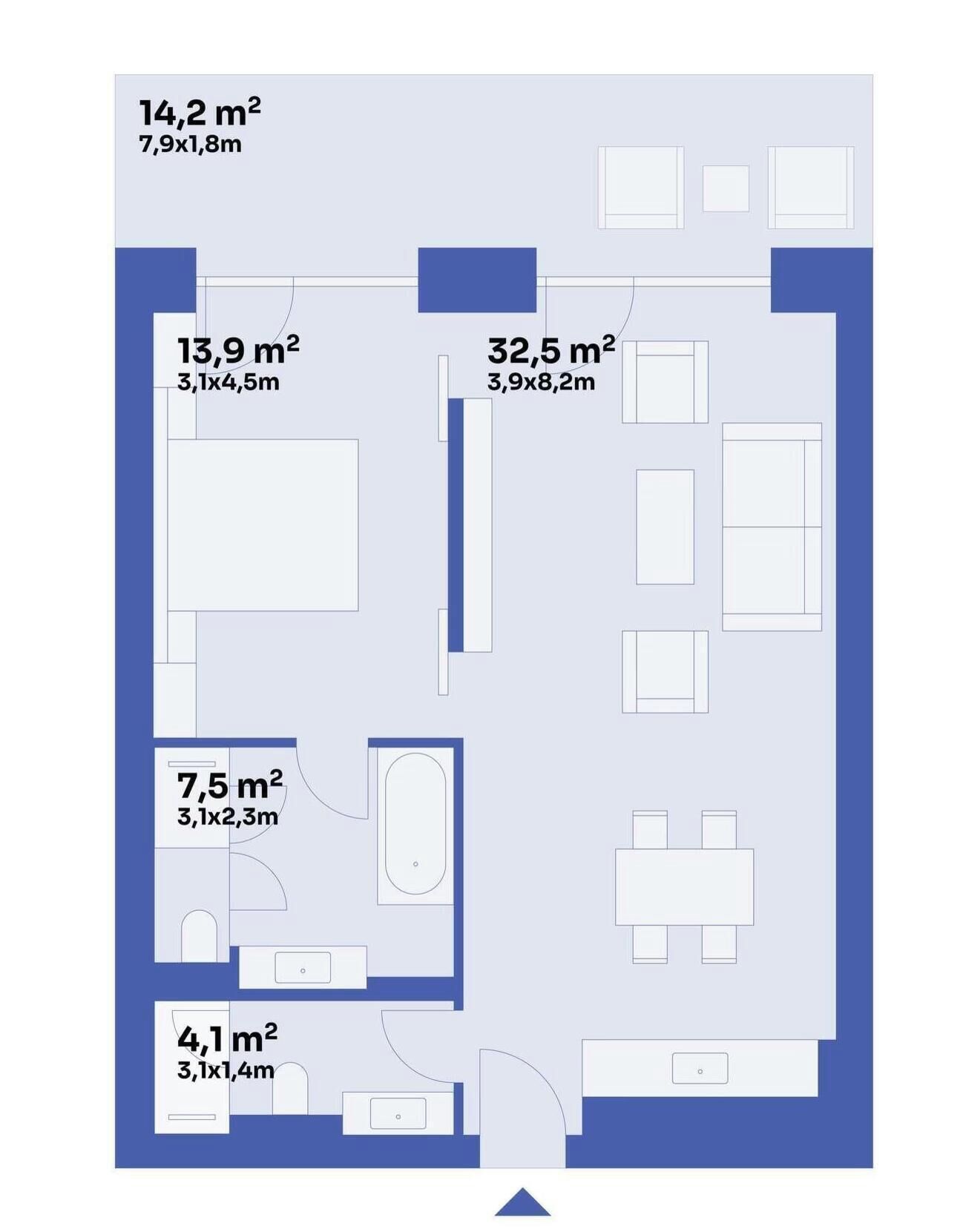 Ein Grundriss mit vier Räumen, wobei jeder Raum mit Maßen und Fläche gekennzeichnet ist.