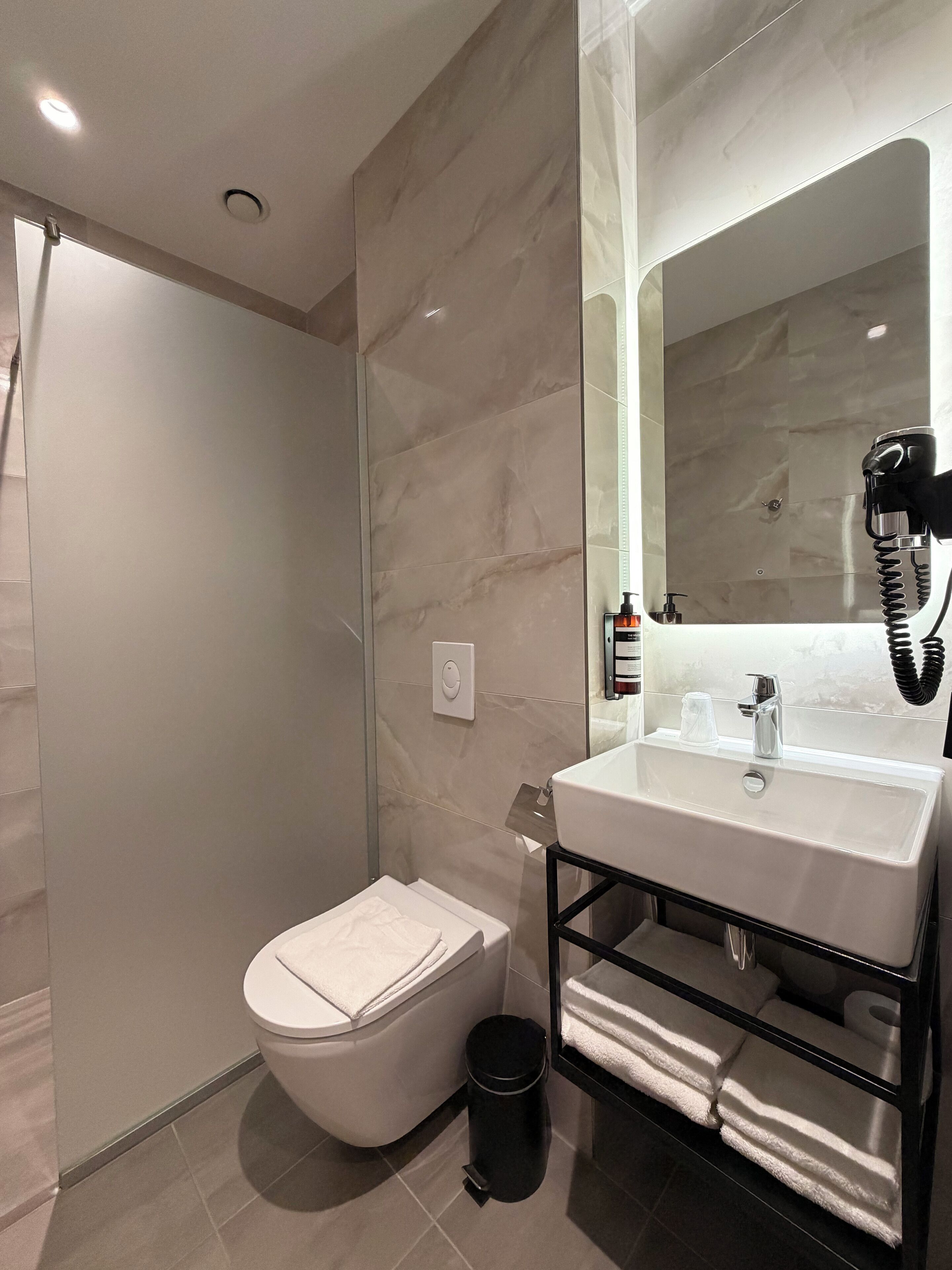 A modern bathroom with a toilet, a sink, a mirror, and a shower.