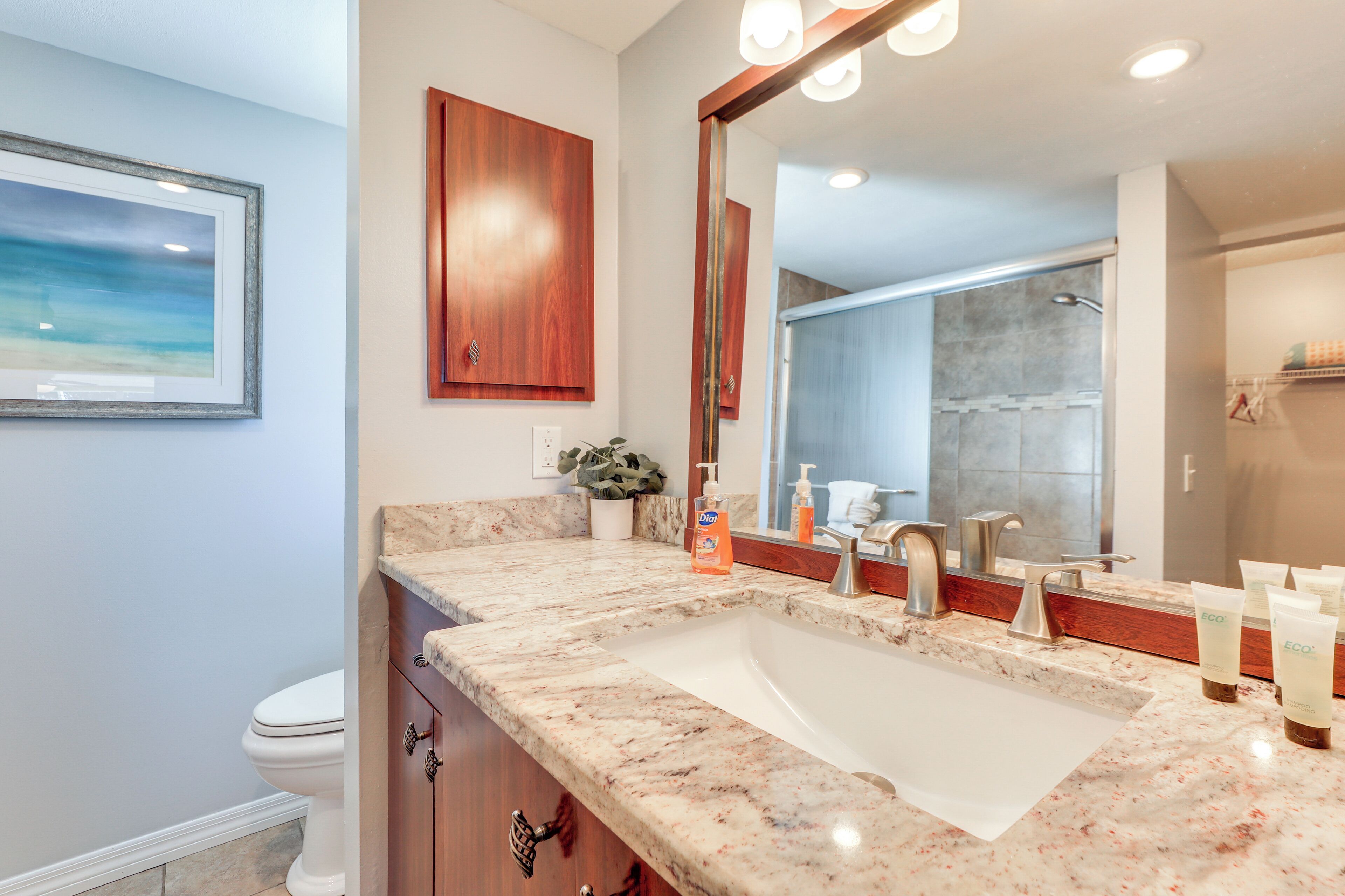 A bathroom with a large sink, wooden cabinets, a framed picture on the wall, and a shower area in the background.