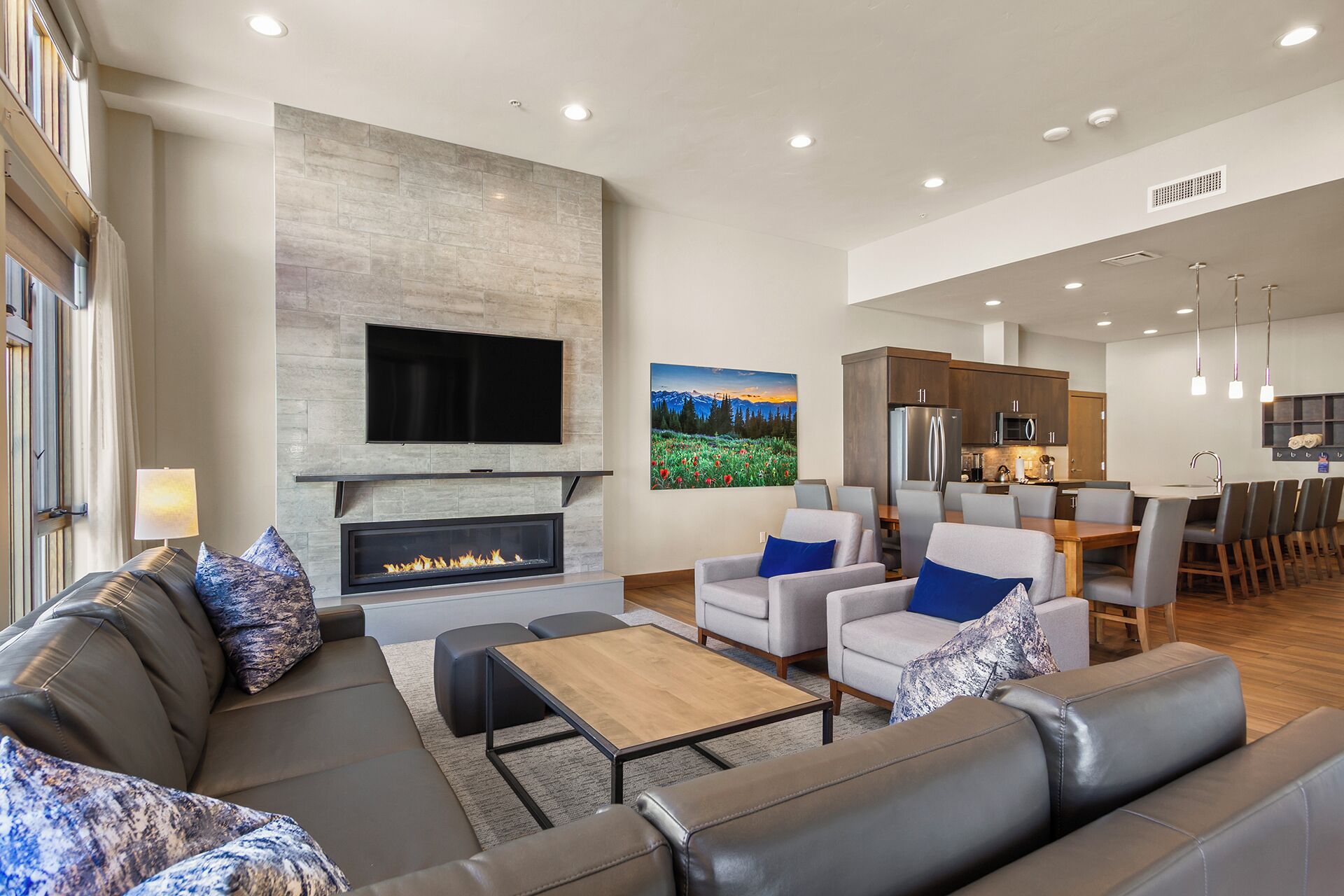 Smart TV, fireplace, video games, DVD player