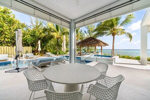 Outdoor pool, pool umbrellas, sun loungers