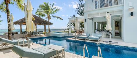 Outdoor pool, pool umbrellas, pool loungers