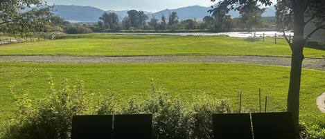 A grassy field with a fence and trees, a path, and distant mountains.