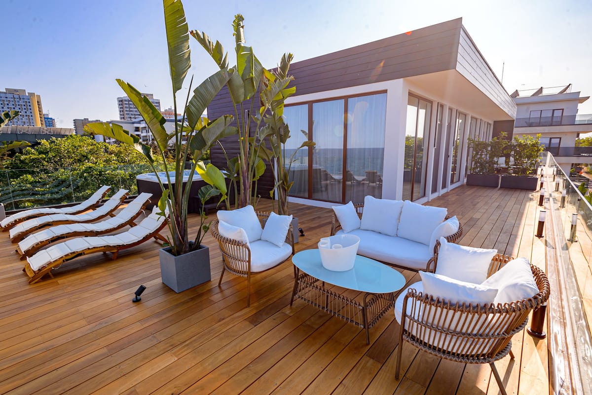 Deluxe Apartment, Jetted Tub, Sea View | Terrace/patio