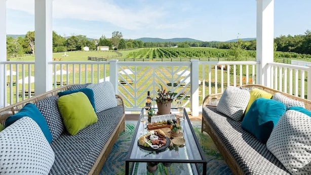 A covered patio with two sofas, a table with food and drinks, and a view of a vineyard.