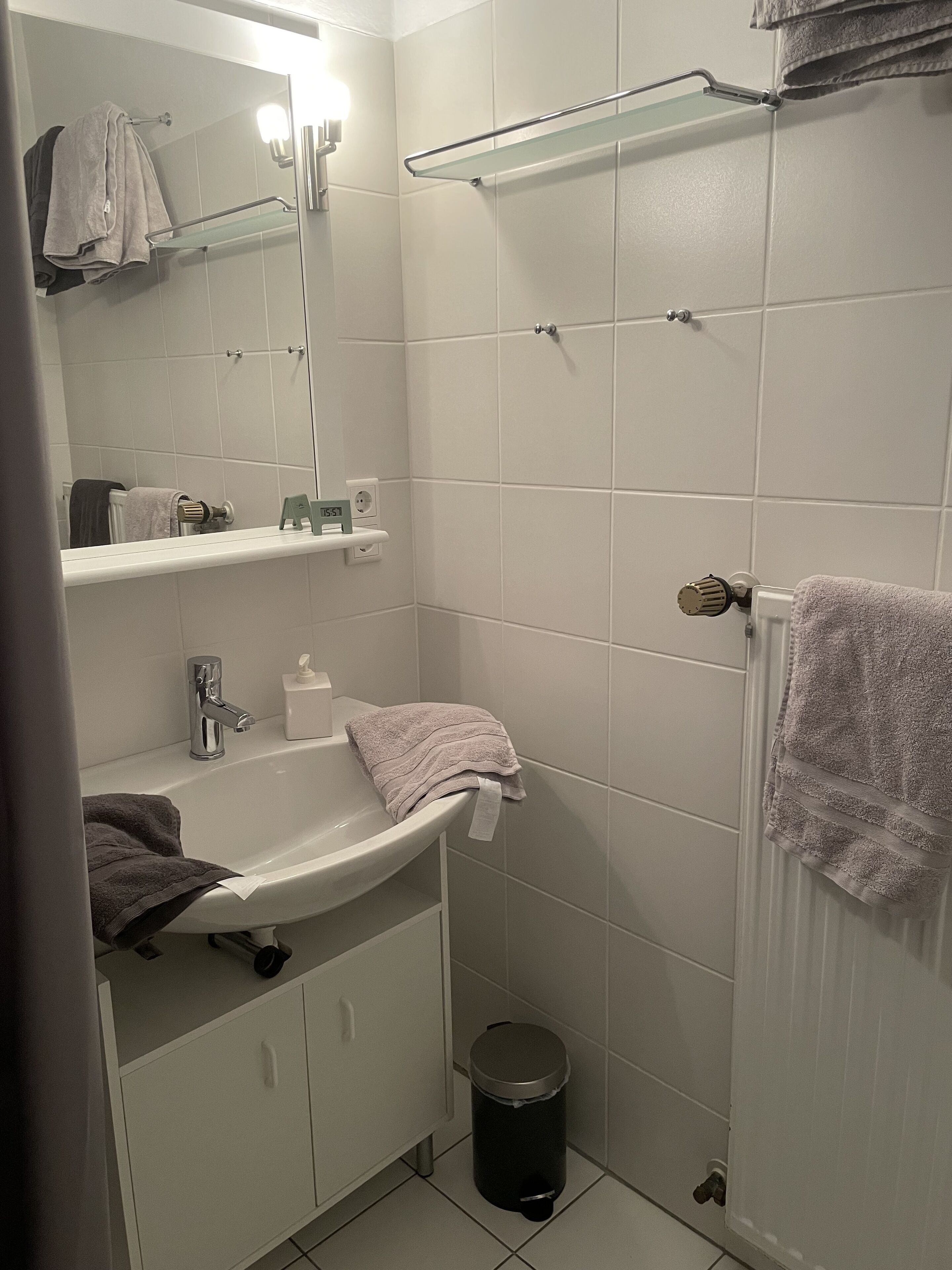 Een kleine badkamer met een wastafel, spiegel, handdoekhouder en een prullenbak.