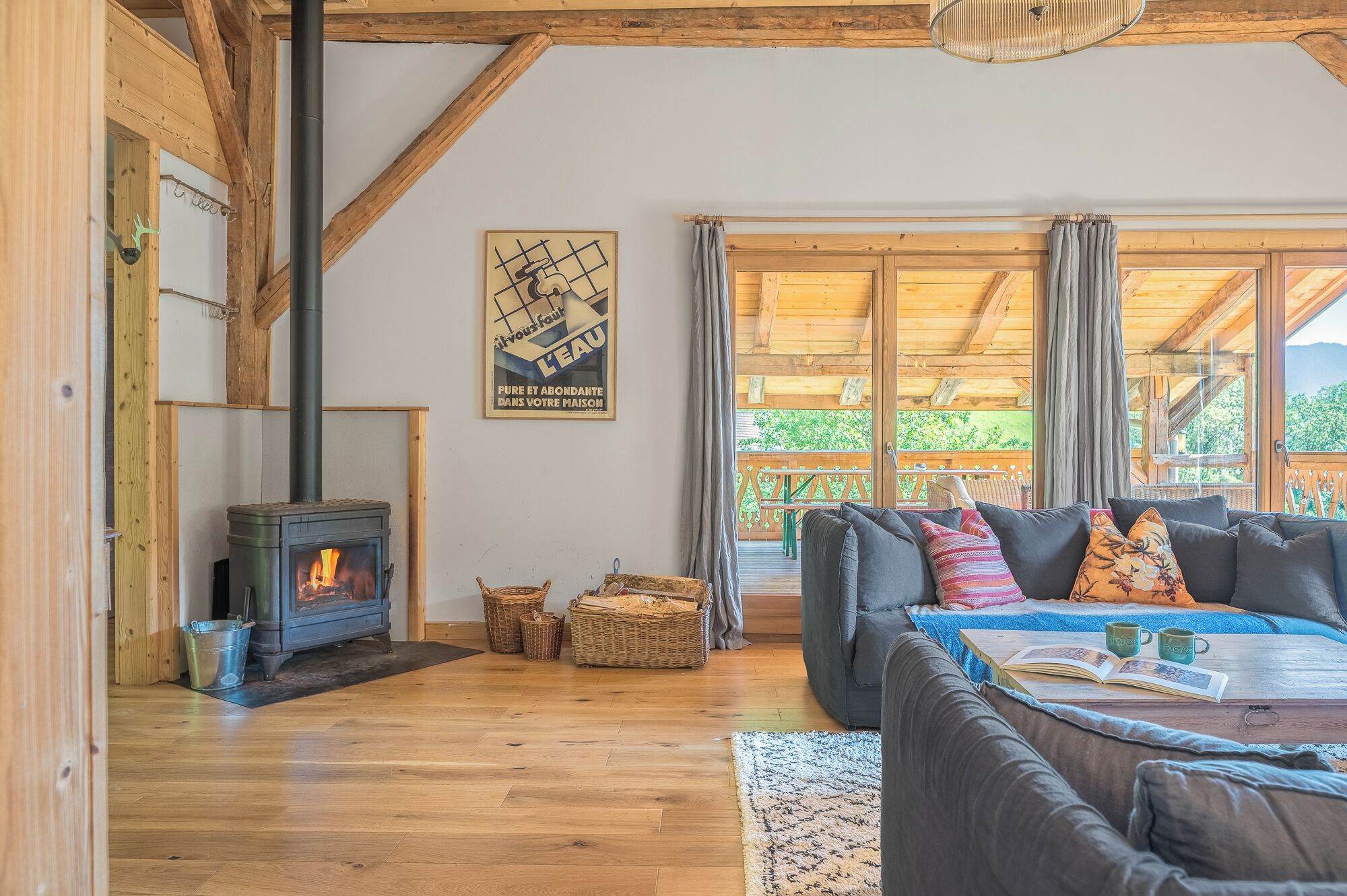 Télévision, cheminée, lecteur de DVD, livres