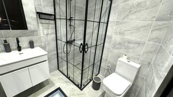 Shower, hair dryer, towels, toilet paper