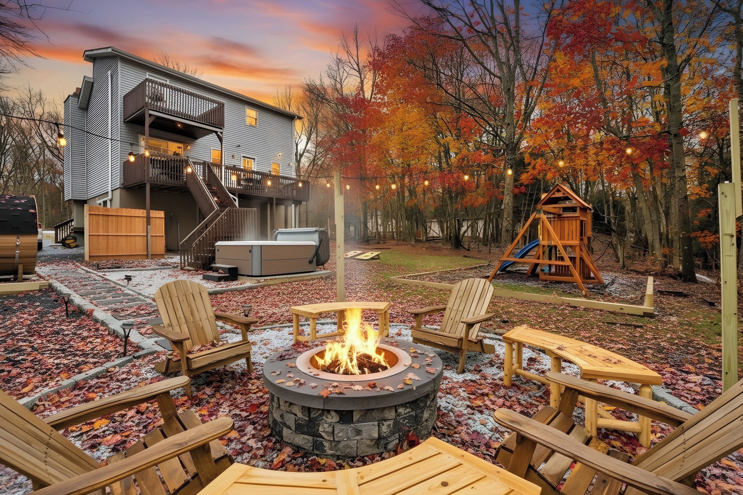 A backyard with a fire pit, outdoor seating, a wooden playhouse, and a staircase leading to a deck.