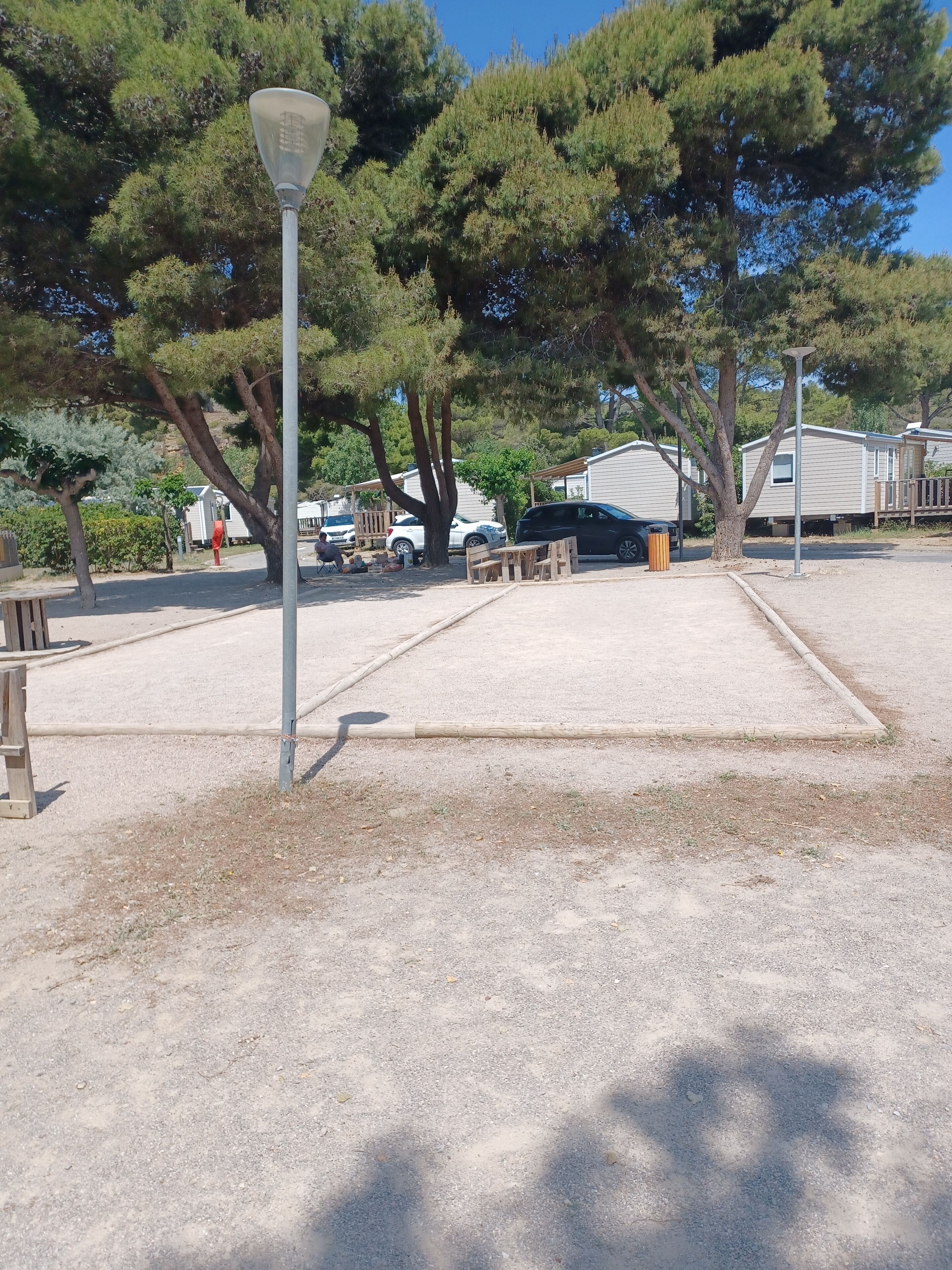 A campground with picnic tables, a lamp post, and RVs.