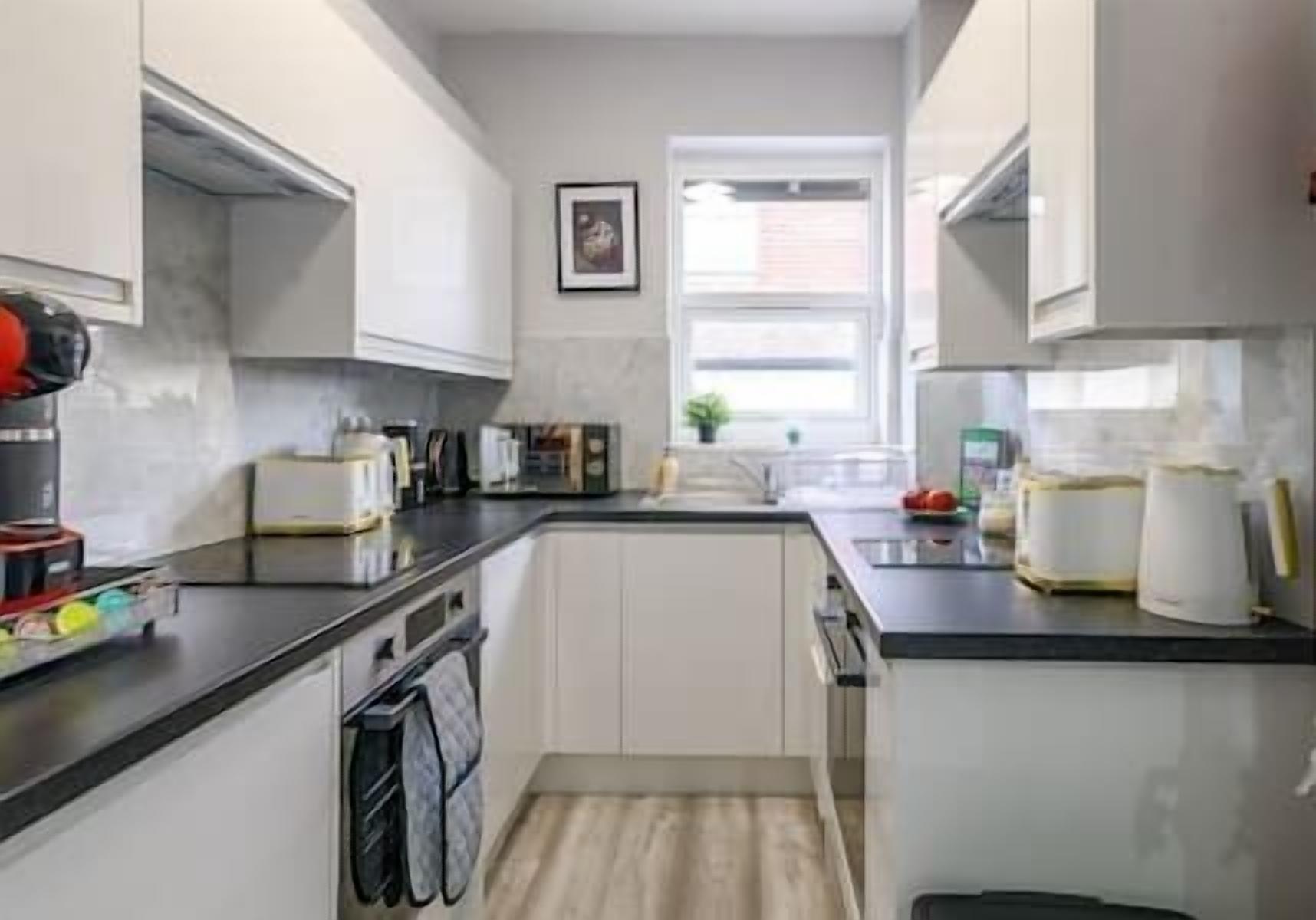 Fridge, microwave, oven, coffee/tea maker