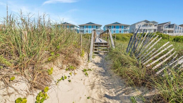 A beachside pathway leading to a row of blue and white beach houses with a wooden staircase. - Oceanfront in Ocean Isle Beach! "C2 Shining Sea" - 3 bed 2 bath Condo - Sleeps 8 (Ocean Isle Beach)