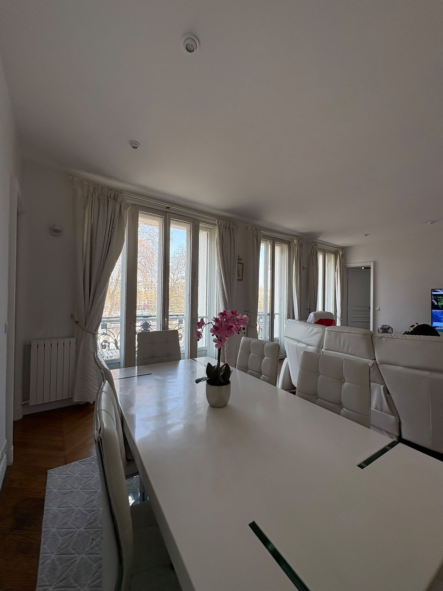 A modern living room with a white sofa, a dining table, and a potted plant.