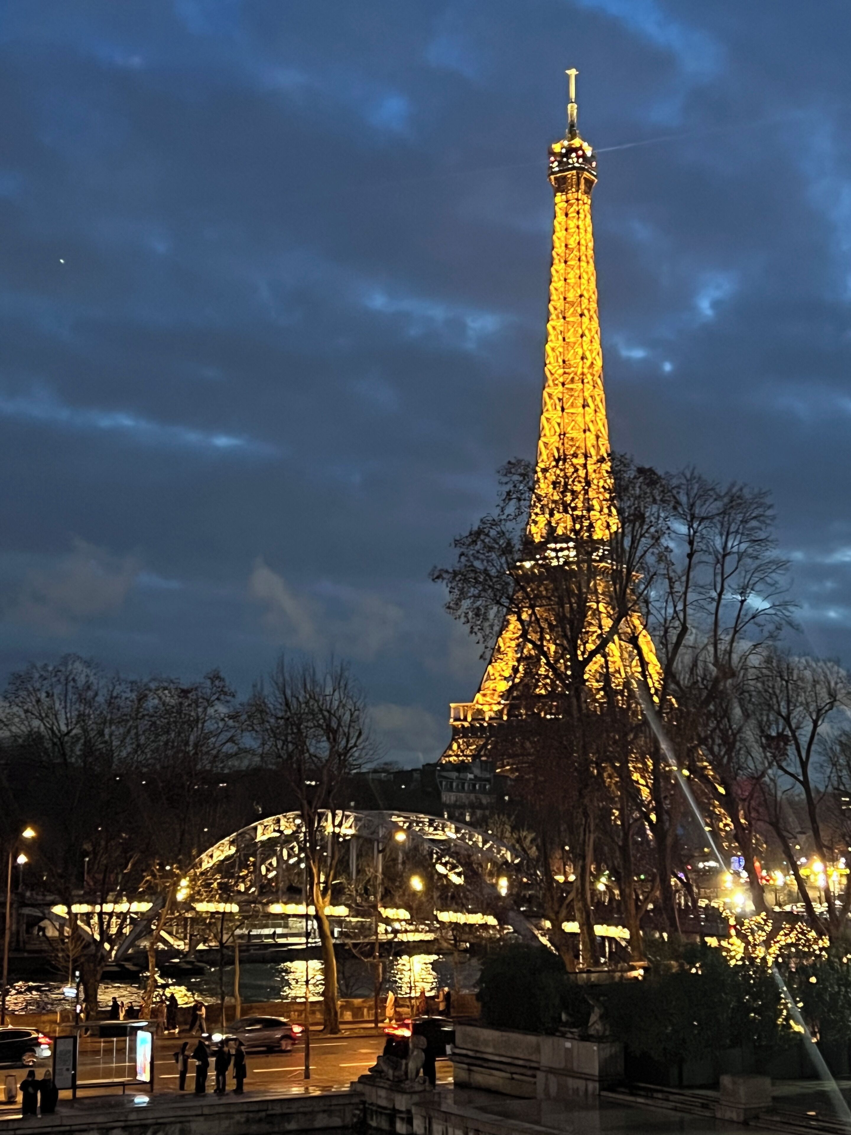 The Eiffel Tower at night, illuminated with golden lights, surrounded by trees and street lamps.