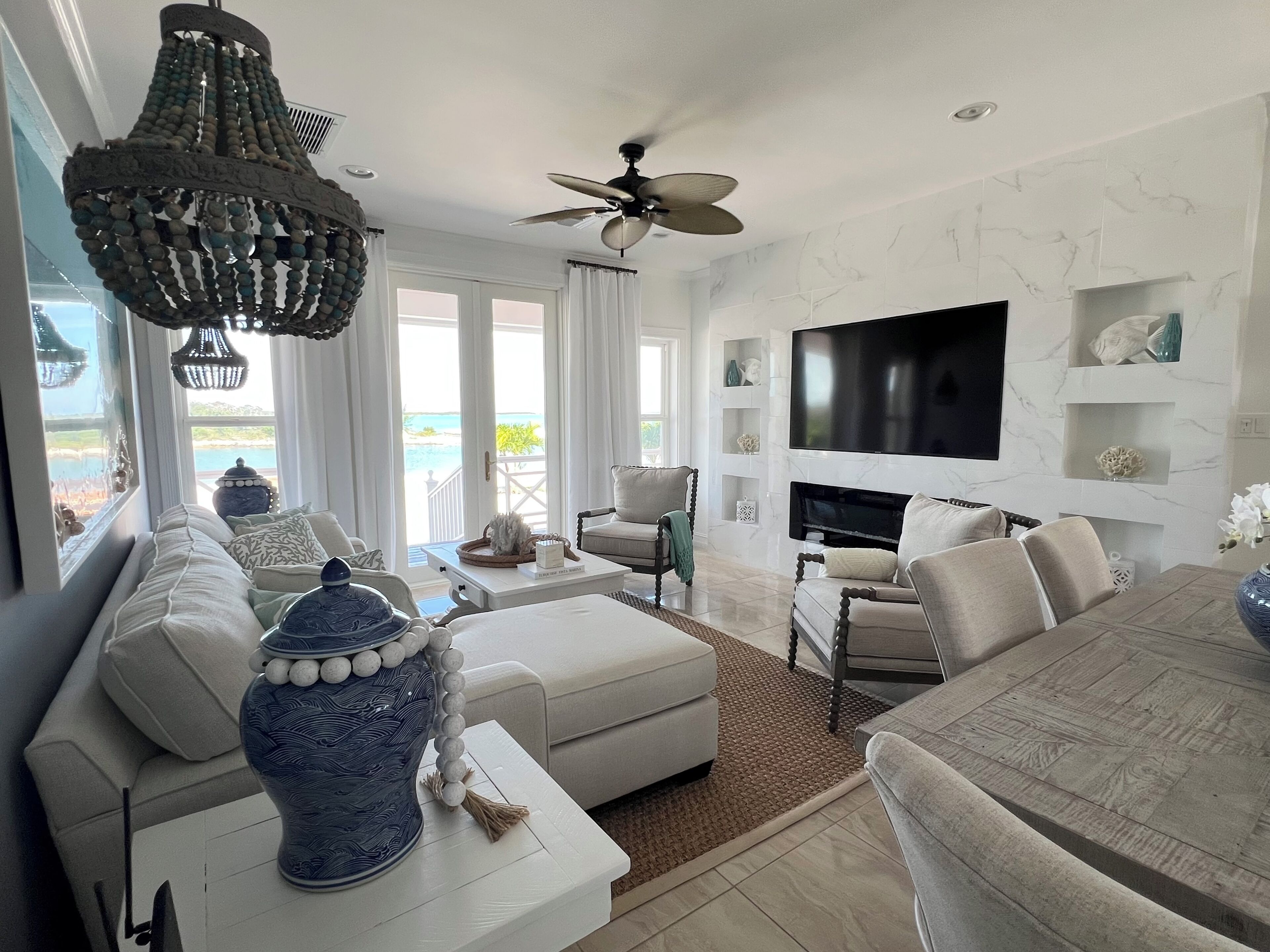 Smart TV, fireplace, books