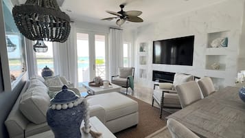 Smart TV, fireplace, books