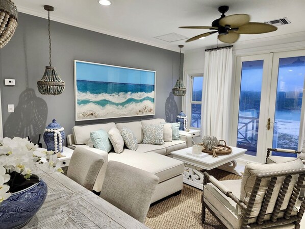 Smart TV, fireplace, books