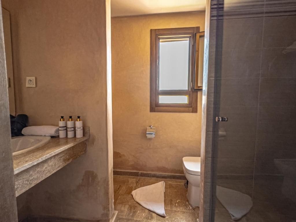 A bathroom with a shower, a toilet, and a sink with toiletries.