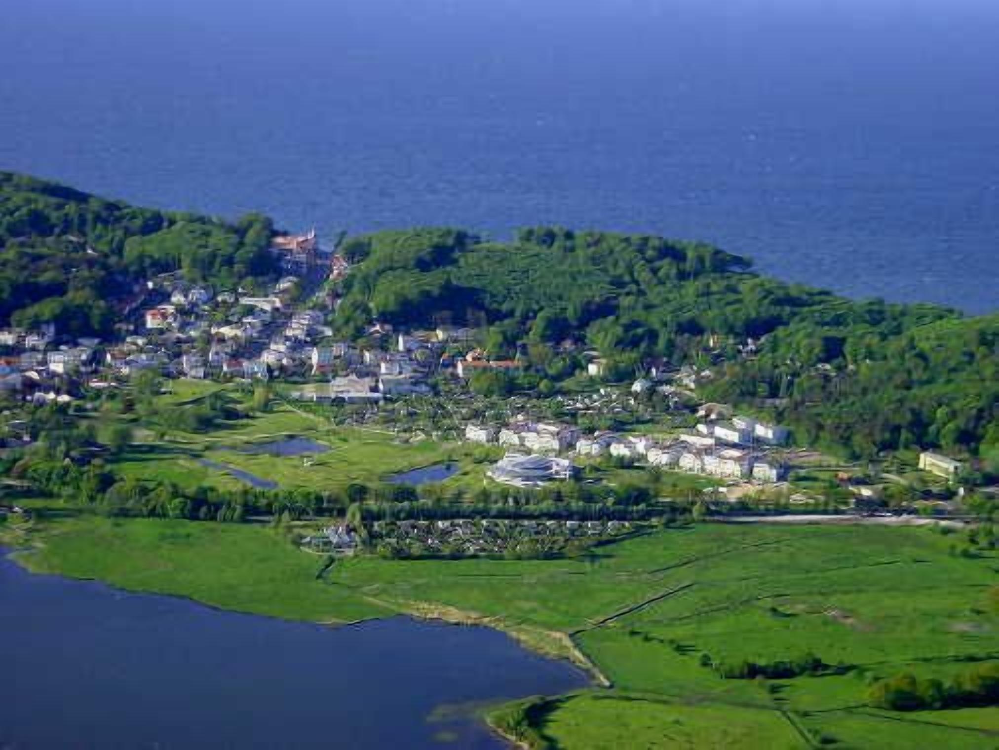 An aerial view of a coastal town with residential buildings, green fields, and a body of water.