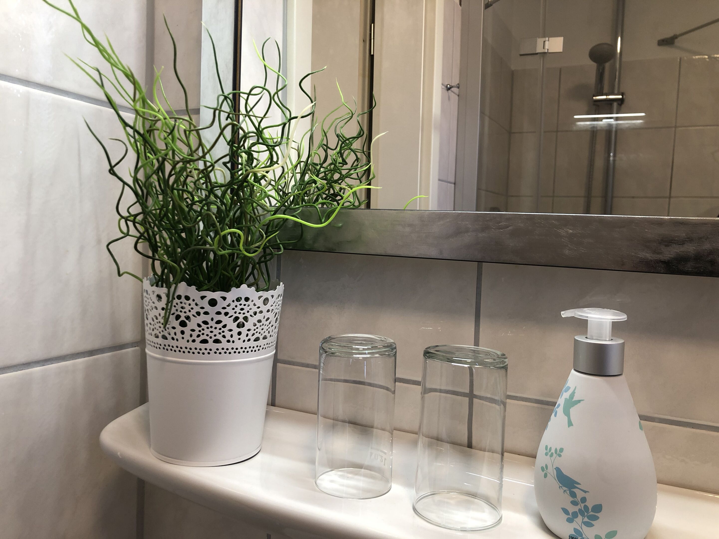 A bathroom with a white sink, a potted plant, two clear glass bottles, and a white soap dispenser with a bird design.
