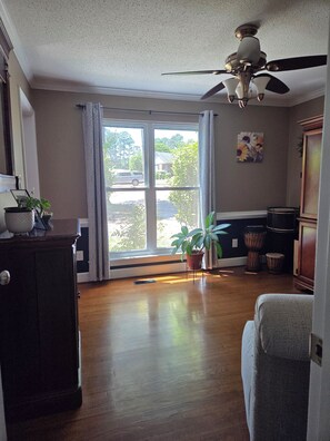 A room with a ceiling fan, a large window with curtains, a wooden floor, a potted plant, and a cabinet.