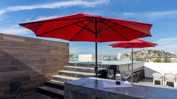 Outdoor pool, pool umbrellas, pool loungers